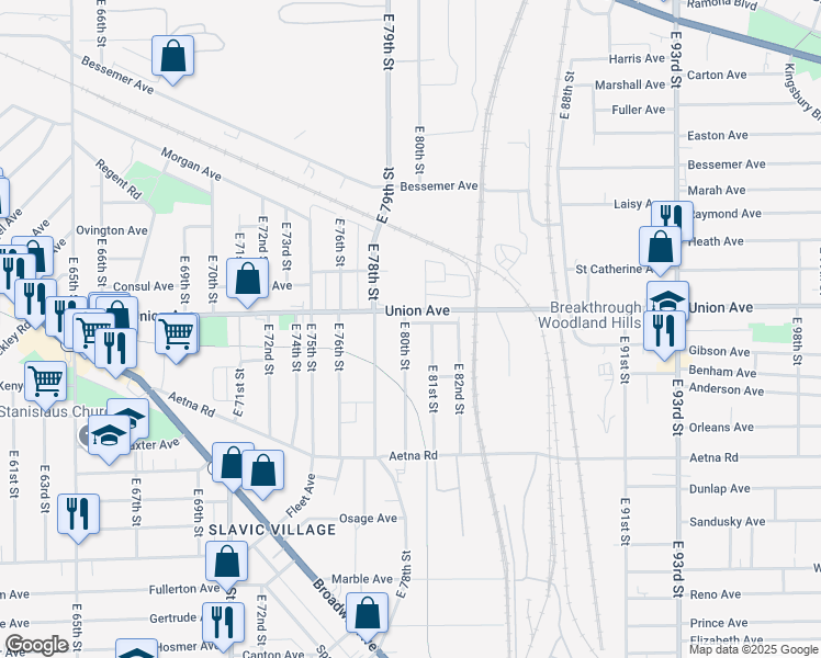 map of restaurants, bars, coffee shops, grocery stores, and more near 3512 East 81st Street in Cleveland