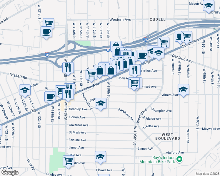 map of restaurants, bars, coffee shops, grocery stores, and more near 10905 Bernard Avenue in Cleveland