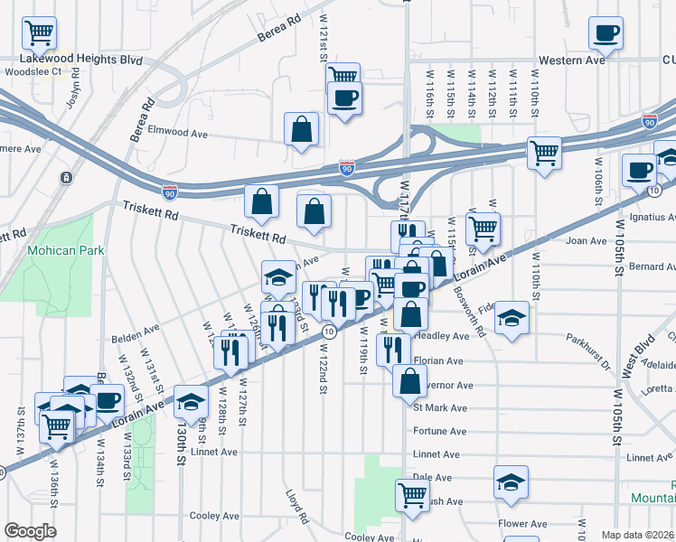map of restaurants, bars, coffee shops, grocery stores, and more near 12020 Geraldine Avenue in Cleveland