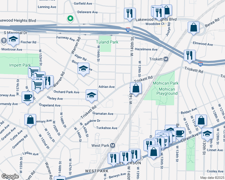 map of restaurants, bars, coffee shops, grocery stores, and more near 14158 Triskett Road in Cleveland