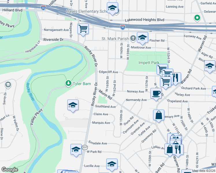 map of restaurants, bars, coffee shops, grocery stores, and more near 3309 West 165th Street in Cleveland