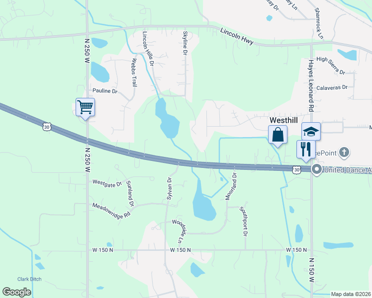 map of restaurants, bars, coffee shops, grocery stores, and more near 150-164 Lincoln Highway in Valparaiso