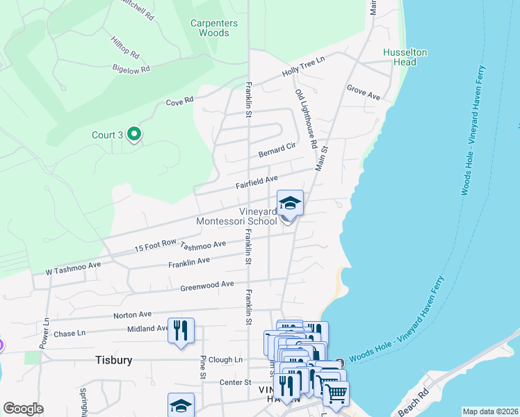 map of restaurants, bars, coffee shops, grocery stores, and more near 116 N William St in Tisbury