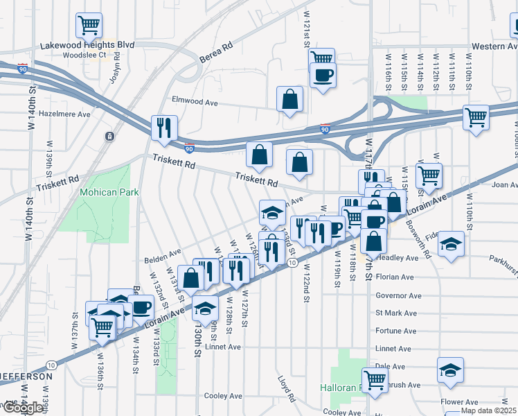 map of restaurants, bars, coffee shops, grocery stores, and more near 3295 West 125th Street in Cleveland