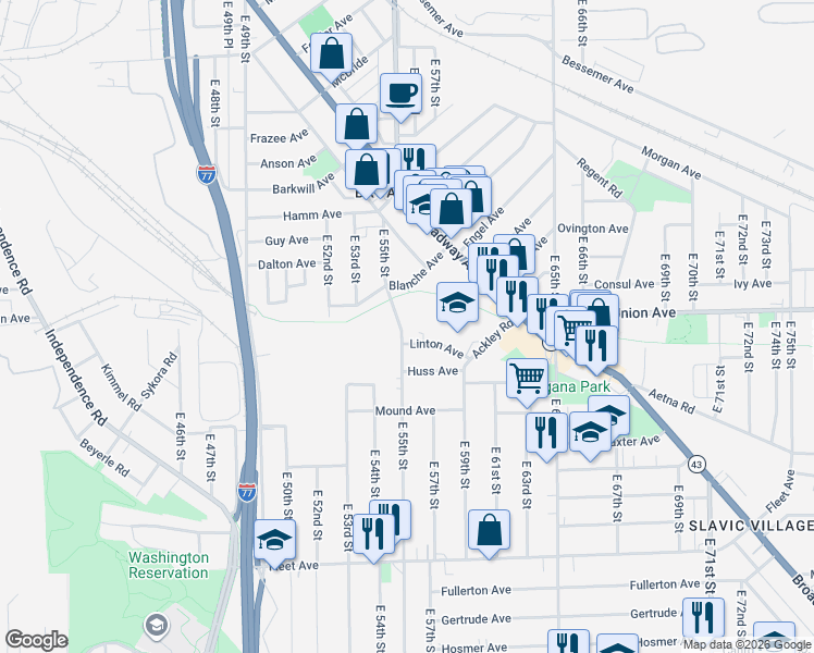 map of restaurants, bars, coffee shops, grocery stores, and more near 5505 Linton Avenue in Cleveland