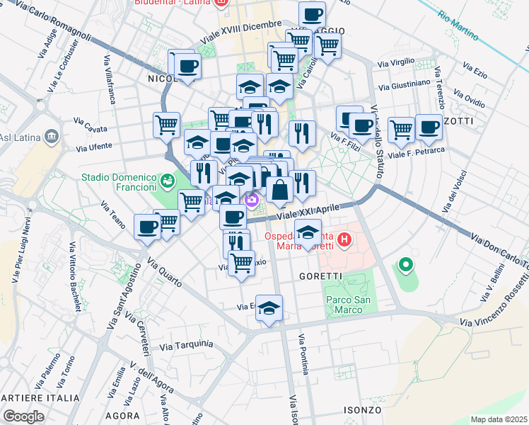 map of restaurants, bars, coffee shops, grocery stores, and more near 238 Corso della Repubblica in Latina