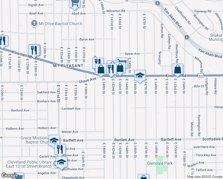 map of restaurants, bars, coffee shops, grocery stores, and more near 3550 East 142nd Street in Cleveland