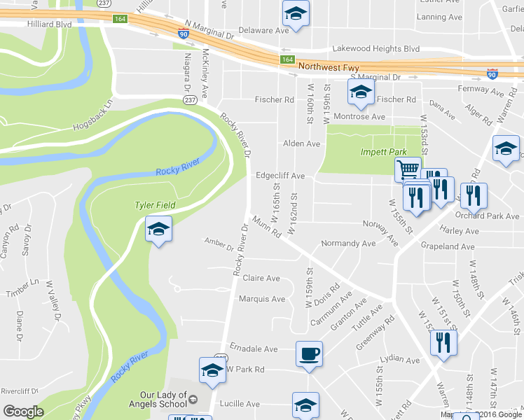 map of restaurants, bars, coffee shops, grocery stores, and more near 16528 Munn Terrace in Cleveland