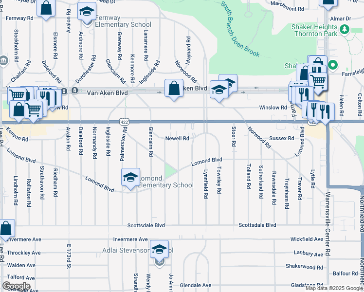 map of restaurants, bars, coffee shops, grocery stores, and more near 3553 Latimore Road in Shaker Heights