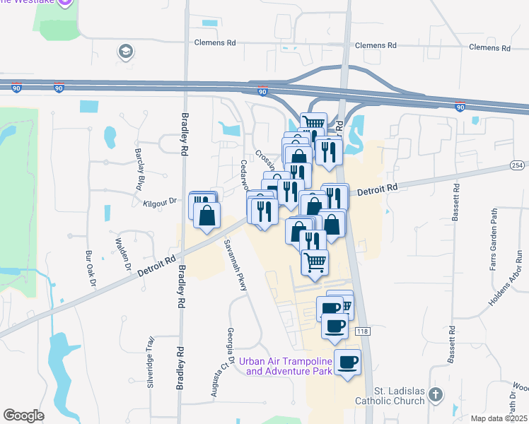 map of restaurants, bars, coffee shops, grocery stores, and more near 30239 Detroit Road in Westlake
