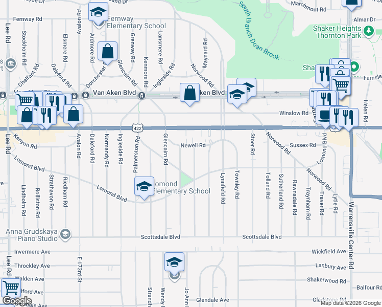 map of restaurants, bars, coffee shops, grocery stores, and more near 3553 Latimore Road in Shaker Heights
