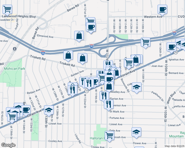 map of restaurants, bars, coffee shops, grocery stores, and more near 11902 Geraldine Avenue in Cleveland