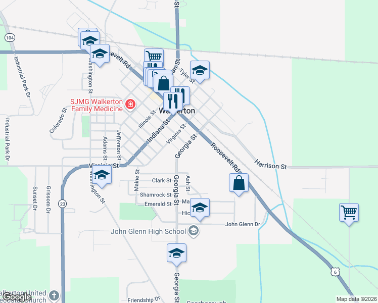 map of restaurants, bars, coffee shops, grocery stores, and more near 504 Georgia Street in Walkerton