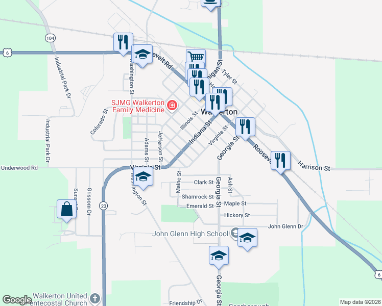 map of restaurants, bars, coffee shops, grocery stores, and more near 607 Indiana Street in Walkerton