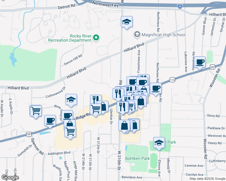 map of restaurants, bars, coffee shops, grocery stores, and more near 3 Erin Court in Rocky River