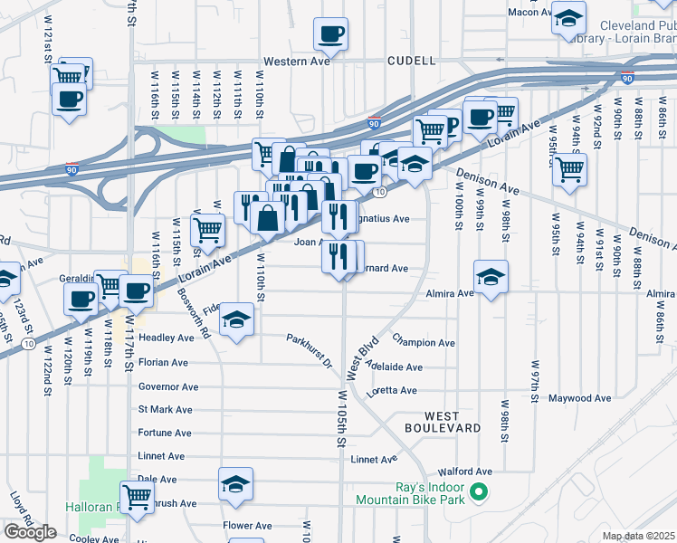 map of restaurants, bars, coffee shops, grocery stores, and more near 3292 West 105th Street in Cleveland