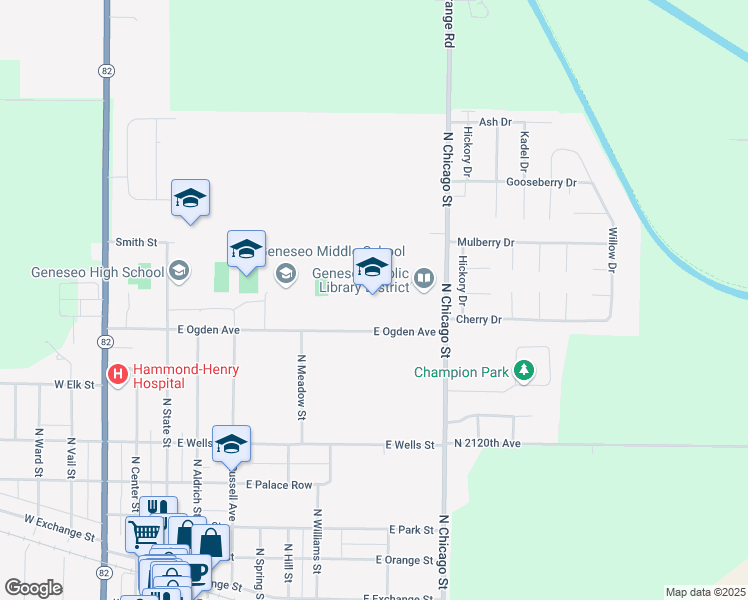 map of restaurants, bars, coffee shops, grocery stores, and more near 595 East Ogden Avenue in Geneseo