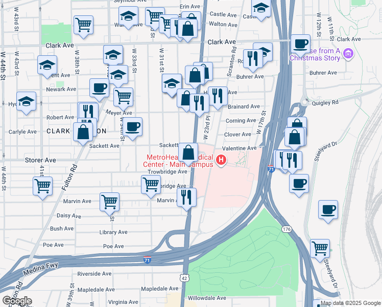 map of restaurants, bars, coffee shops, grocery stores, and more near 3350 West 25th Street in Cleveland