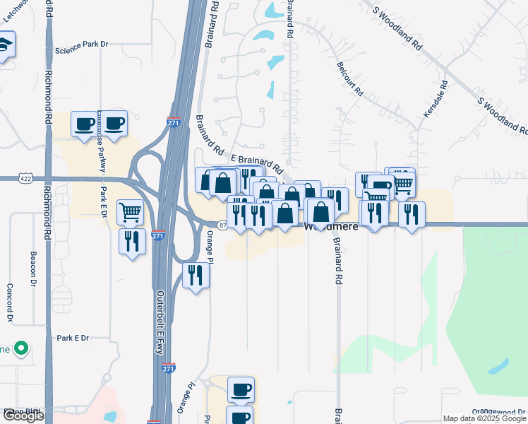 map of restaurants, bars, coffee shops, grocery stores, and more near 3439 West Brainard Road in Woodmere