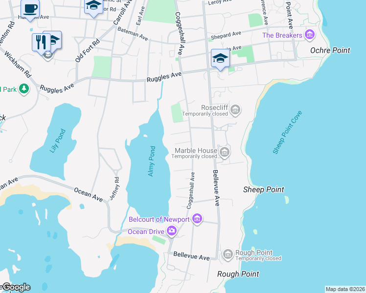 map of restaurants, bars, coffee shops, grocery stores, and more near 8 Almy Court in Newport