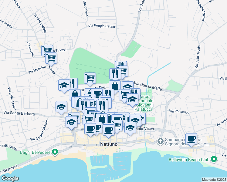 map of restaurants, bars, coffee shops, grocery stores, and more near 198A Via Santa Maria in Nettuno