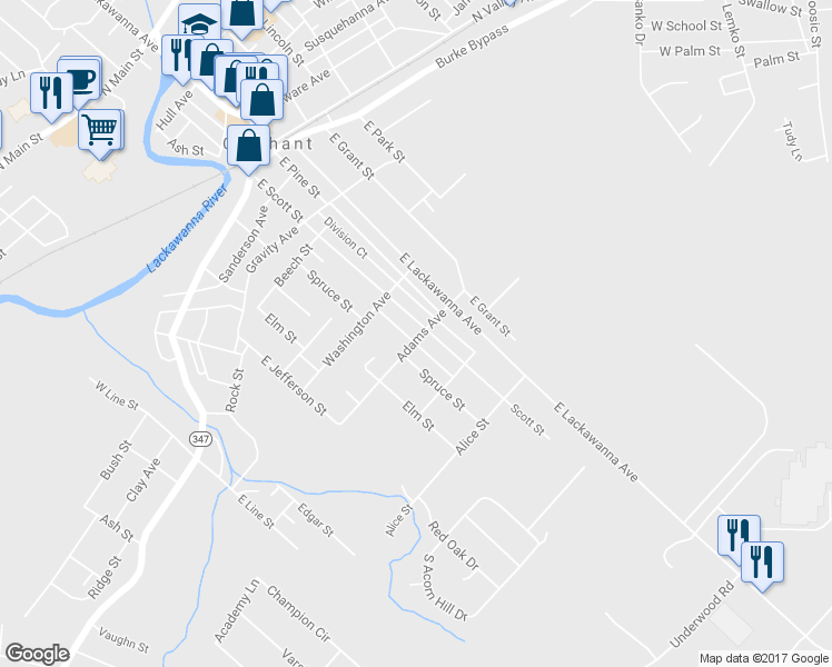 map of restaurants, bars, coffee shops, grocery stores, and more near 725 East Scott Street in Olyphant