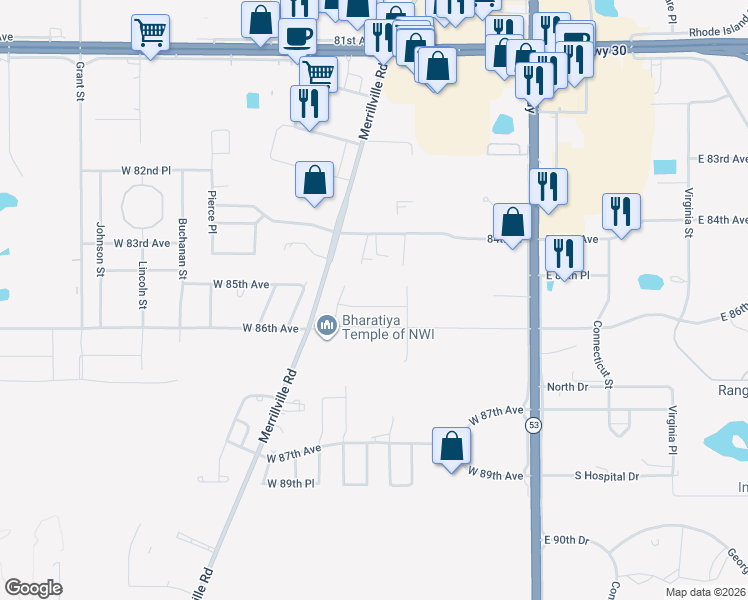 map of restaurants, bars, coffee shops, grocery stores, and more near 8505 Merrillville Road in Merrillville