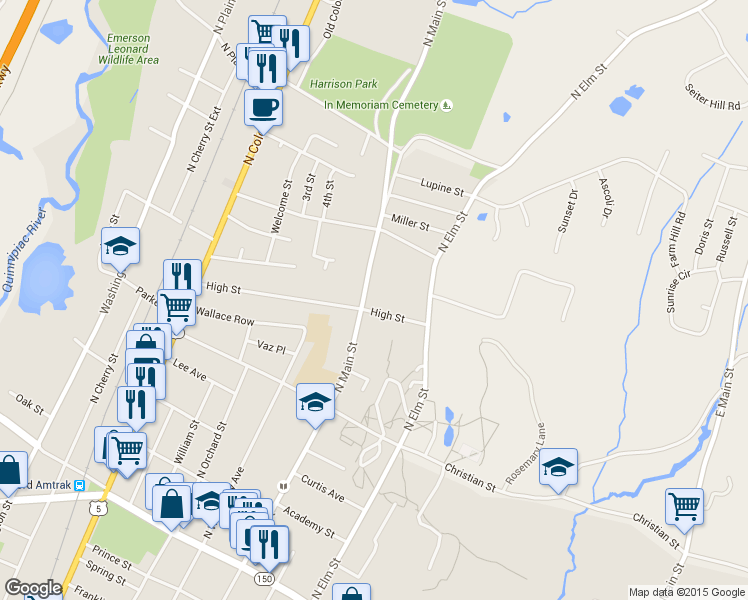 map of restaurants, bars, coffee shops, grocery stores, and more near 437 North Main Street in Wallingford