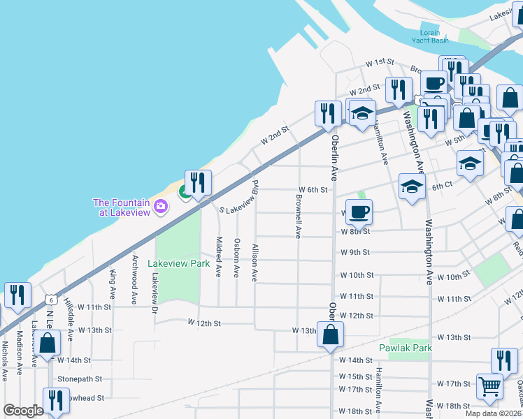 map of restaurants, bars, coffee shops, grocery stores, and more near 1346 W 7th St in Lorain