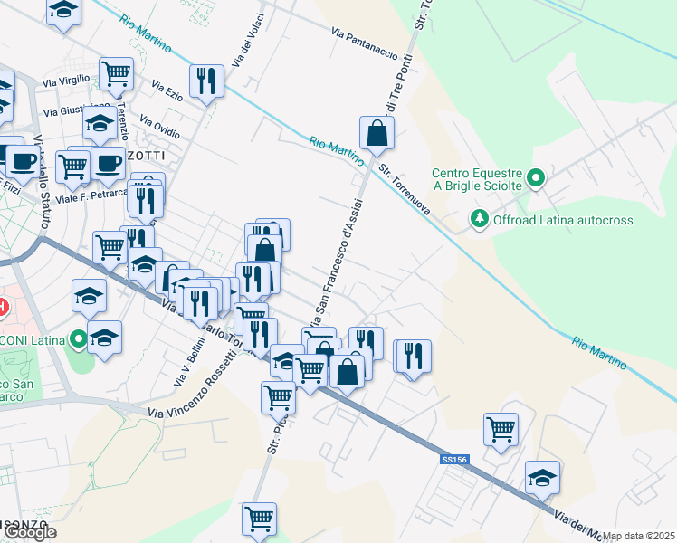 map of restaurants, bars, coffee shops, grocery stores, and more near 104 Via San Francesco d'Assisi in Latina