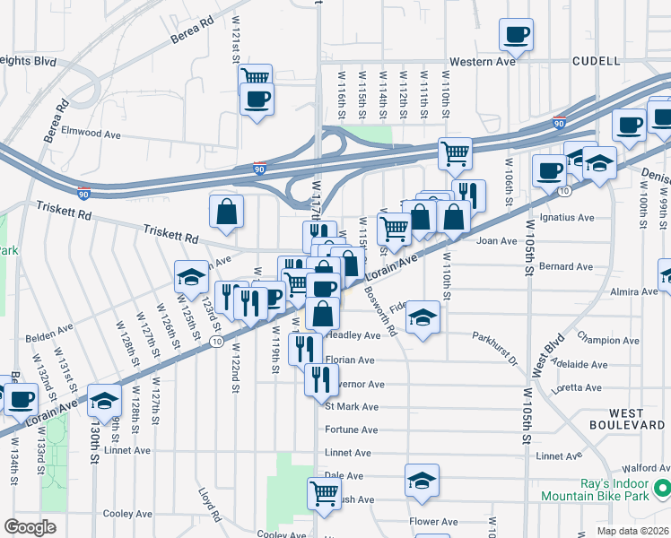 map of restaurants, bars, coffee shops, grocery stores, and more near 3282 West 116th Street in Cleveland