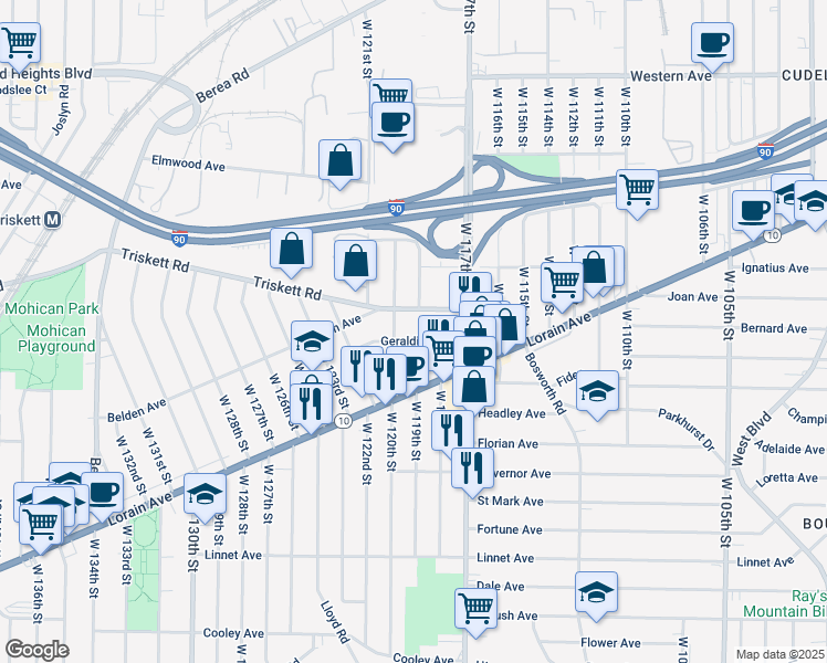map of restaurants, bars, coffee shops, grocery stores, and more near 11902 Geraldine Avenue in Cleveland