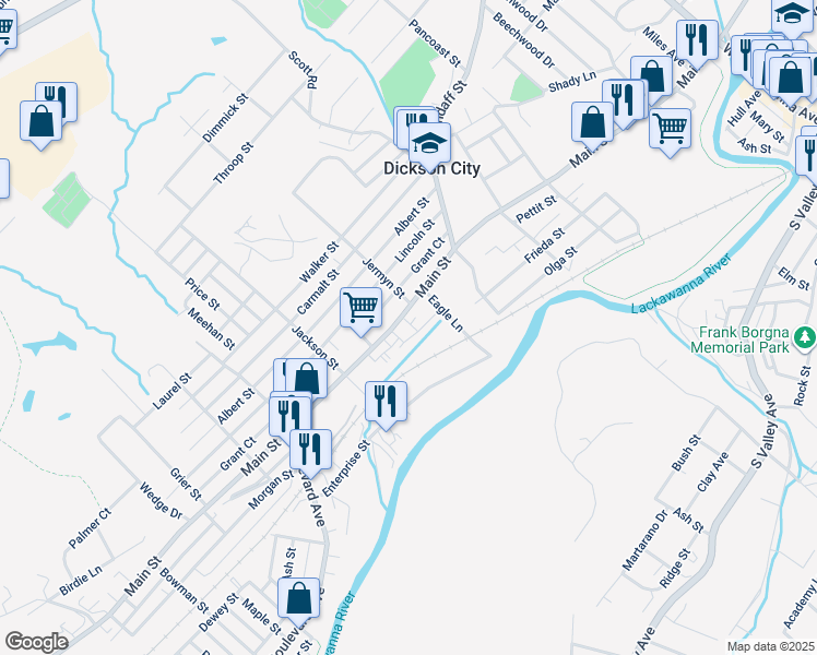 map of restaurants, bars, coffee shops, grocery stores, and more near 960 Main Street in Dickson City