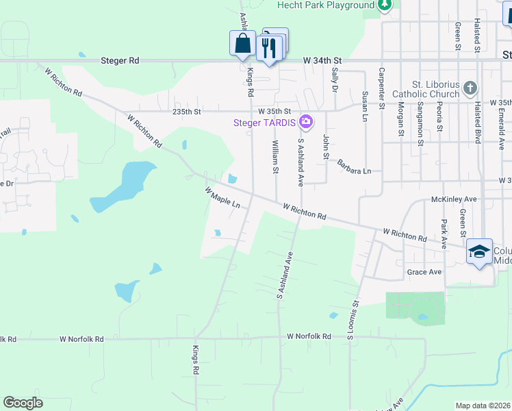 map of restaurants, bars, coffee shops, grocery stores, and more near 1613 West Richton Road in Crete
