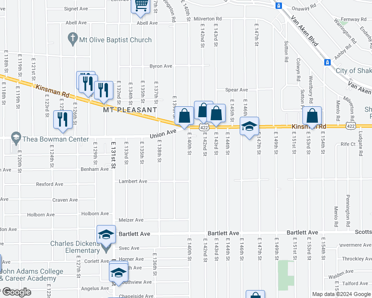 map of restaurants, bars, coffee shops, grocery stores, and more near 3550 East 140th Street in Cleveland