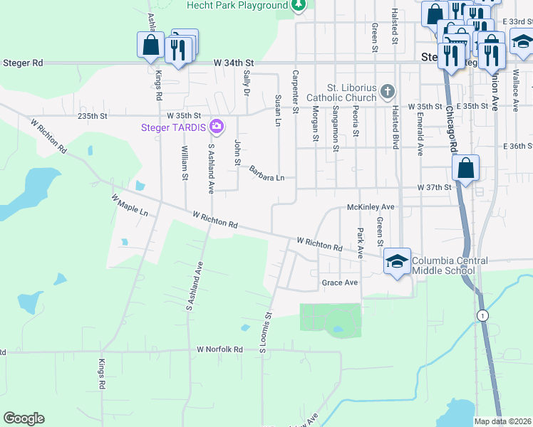 map of restaurants, bars, coffee shops, grocery stores, and more near 220 Crystal Lane in Steger