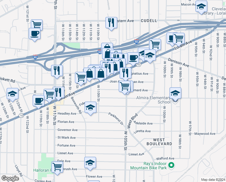 map of restaurants, bars, coffee shops, grocery stores, and more near 10707 Bernard Avenue in Cleveland