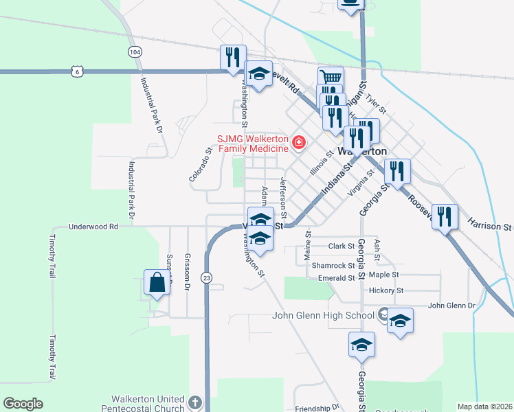 map of restaurants, bars, coffee shops, grocery stores, and more near 903 Illinois St in Walkerton