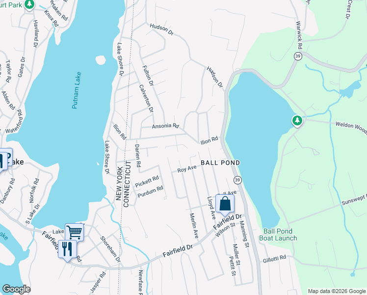map of restaurants, bars, coffee shops, grocery stores, and more near 16 Bantam Road in New Fairfield