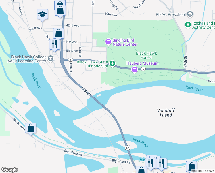 map of restaurants, bars, coffee shops, grocery stores, and more near 1240 51st Avenue in Rock Island