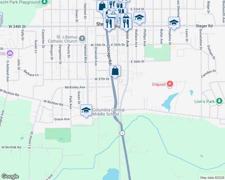 map of restaurants, bars, coffee shops, grocery stores, and more near 3729 Chicago Road in Steger
