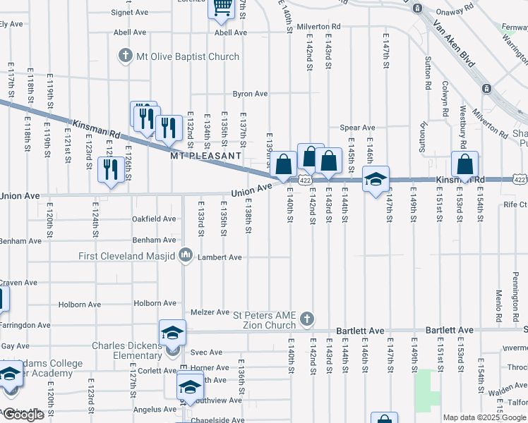 map of restaurants, bars, coffee shops, grocery stores, and more near 3538 East 139th Street in Cleveland