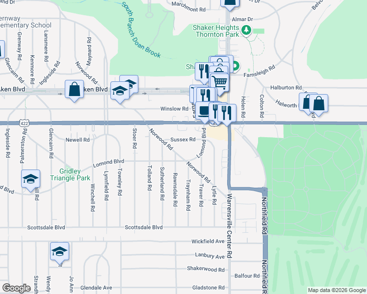 map of restaurants, bars, coffee shops, grocery stores, and more near 19824 Sussex Road in Shaker Heights