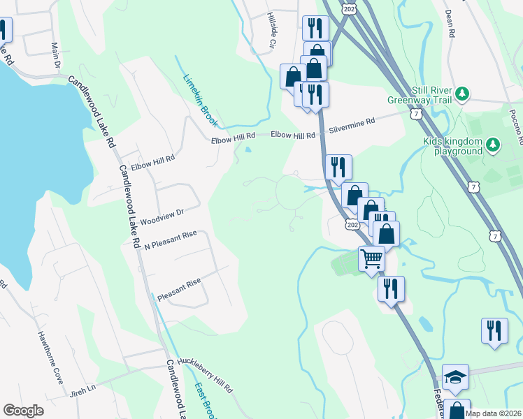 map of restaurants, bars, coffee shops, grocery stores, and more near 7 Oak Meadows Drive in Brookfield