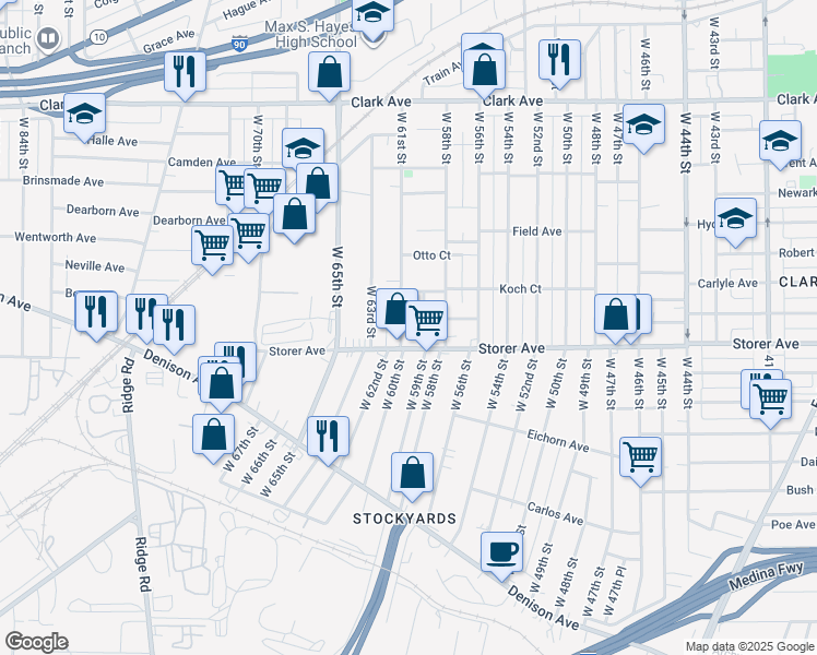 map of restaurants, bars, coffee shops, grocery stores, and more near 3339 W 61st St in Cleveland