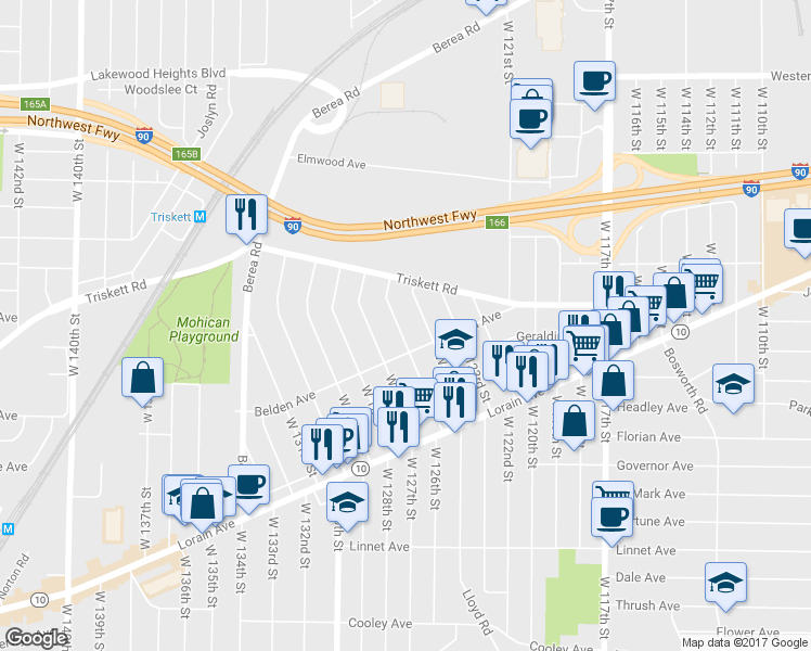 map of restaurants, bars, coffee shops, grocery stores, and more near 3291 West 126th Street in Cleveland