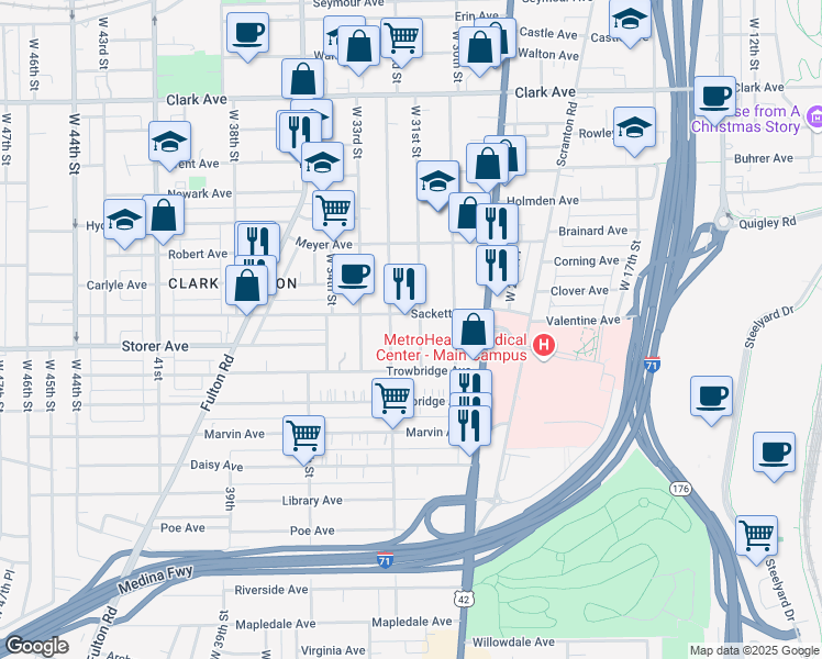 map of restaurants, bars, coffee shops, grocery stores, and more near 3348 West 31st Street in Cleveland