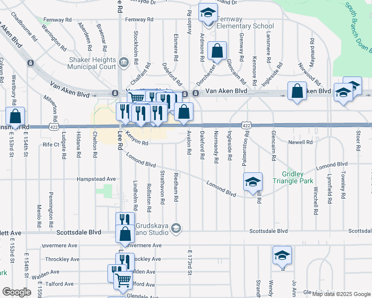 map of restaurants, bars, coffee shops, grocery stores, and more near 3550 Avalon Road in Shaker Heights
