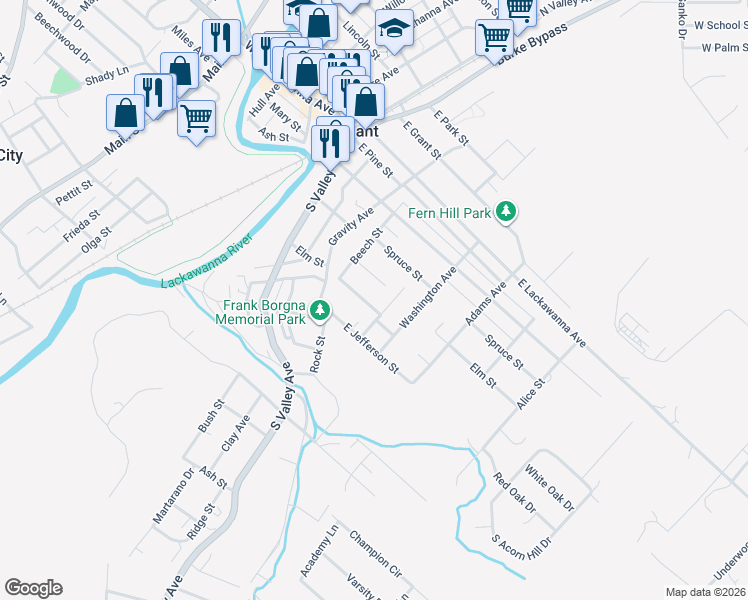 map of restaurants, bars, coffee shops, grocery stores, and more near 620 Elm St in Olyphant