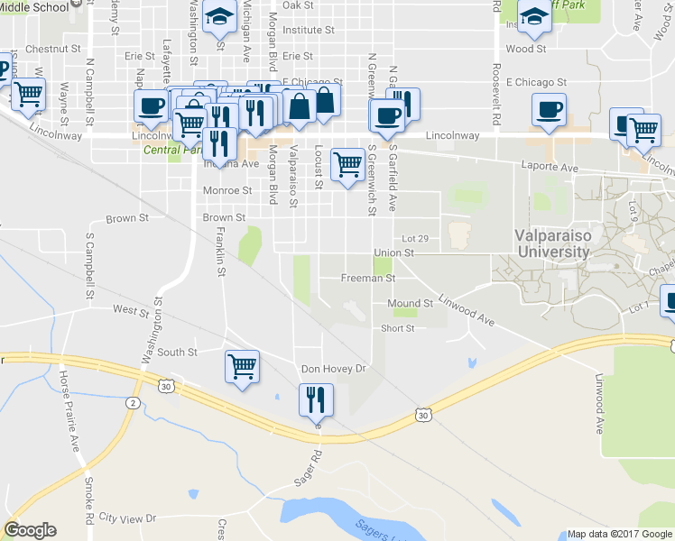 map of restaurants, bars, coffee shops, grocery stores, and more near 460 College Avenue in Valparaiso